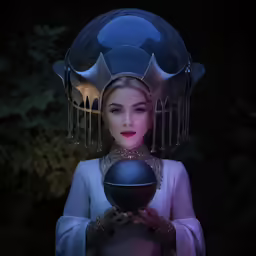 a young woman is wearing a costume and holding a shiny globe
