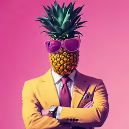 the man in sunglasses has his arm crossed and he is wearing a yellow suit and pineapple