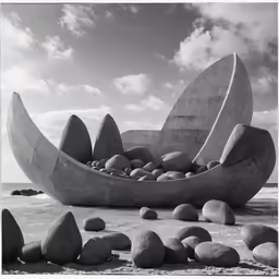 black and white photograph of sculptures made of rocks