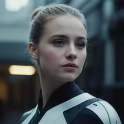 the woman in the black and white jacket looks at something