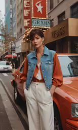 a woman posing in front of some traffic