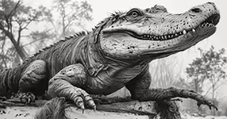 an alligator is sitting on top of a fallen tree