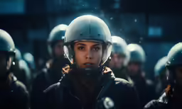 a woman in helmet and jacket looking to the side