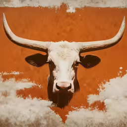 a white bull with long horns against an orange sky