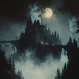 a castle is built on top of a mountain covered with fog and surrounded by trees