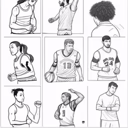 an adult man and woman standing in different poses,different hairs and basketball uniforms are featured in a line,various types of hairs and hairstyles,a series of drawings depicting the different basketball players from different countries,a drawing shows various sports uniforms that may be used as t - shirts