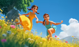 two women are running through a field together