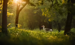 a bird walking in the green grass near trees
