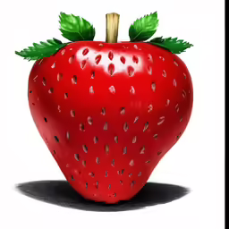 a very large strawberry with green leaves on top of it