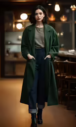 a woman standing in front of a long table