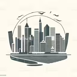 an illustration of the skyline of a big city with birds flying in front,a black and white illustration of chicago skyline