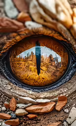 an open eye with reflection of nature outside