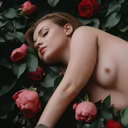 naked woman sleeping on roses with eyes closed