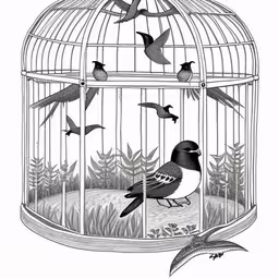 a black and white drawing of birds in a cage,birds are flying out of a cage and a bird has landed