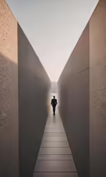a lone man in a black coat walking down a pathway between two cement walls