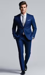 a man wearing a blue suit, white shirt and tie