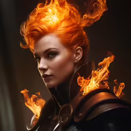 a woman in armor with red hair on fire