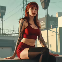 a woman in a red top and skirt is sitting on a ledge