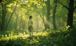 a woman in the woods looks at the trees