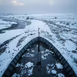 a view of a snowy landscape with an old boat in the foreground