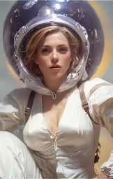 a woman in a white dress and a space helmet on her head