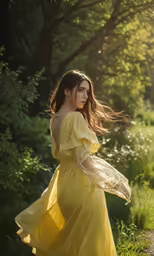 a woman in a dress is walking through the woods
