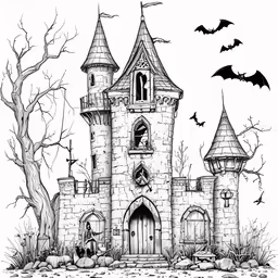 an halloween castle with bats flying around