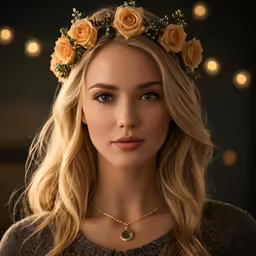 a beautiful blond woman with a wreath of flowers
