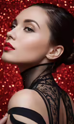 a woman wearing a black halter neck dress and red lipstick