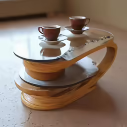 two cups on a glass table that looks like a spiral staircase