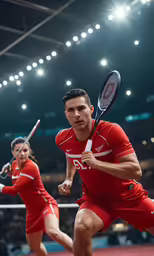 two men in red uniforms playing tennis on a court