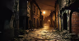 an alley way that is dimly lit in a city at night,an empty city street at night with one light on