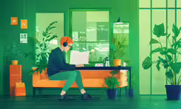 the person sits at a desk working on his laptop,the person is sitting on a couch with headphones on and using the laptop