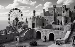 an old photograph of people and a ferris wheel
