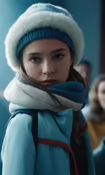 a close up of a person wearing a hat and scarf