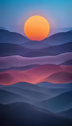 this painting is showing the mountain ranges with a setting sun