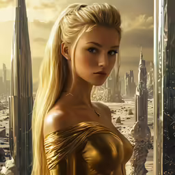 a girl in gold with a large blond hair, posing for a photo