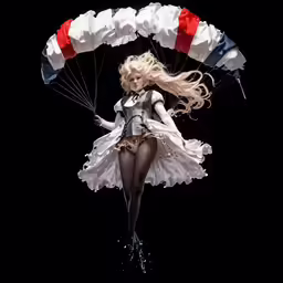 a blond haired girl with long hair, and white dress floating between parachutes in a black background