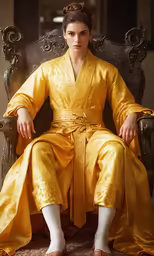 a young man dressed in a yellow gown sits on an ornate chair