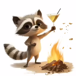 a cute raccoon holds a martini glass in front of an open fire