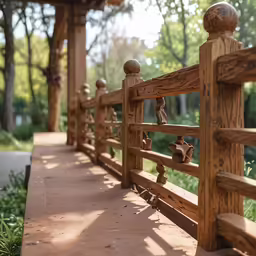a wood fence with metal finings on a sidewalk