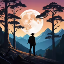 a man is looking out at the mountains with a giant moon in the background