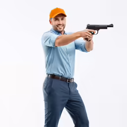a man is holding a gun and posing for a photo