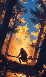a person in the woods with their back turned towards a sun