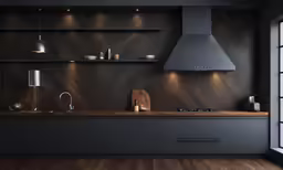 an open kitchen with dark grey cabinets and shelves