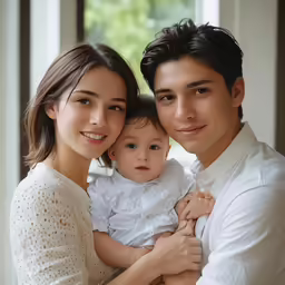 an asian couple and a baby, dressed in white