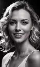 a beautiful blond woman posing for a black and white photo,the smiling young woman is wearing her hair in a low - curls