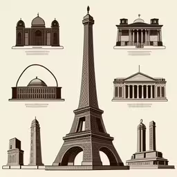 a black and white photo of various architectural buildings,the eiffel tower in different stages of construction