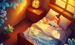 the bed is made up with a stuffed fox