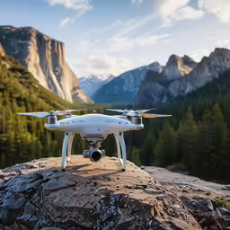 a small white drone with propellers and two propellers on a rock